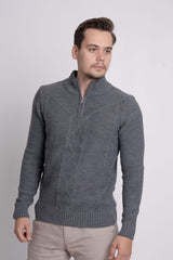 Fermuarlı Dik Yaka Kendinden Desenli Erkek Triko Kazak