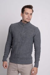 Fermuarlı Dik Yaka Kendinden Desenli Erkek Triko Kazak