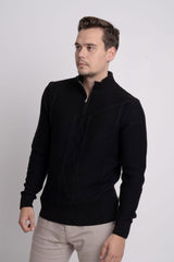 Fermuarlı Dik Yaka Kendinden Desenli Erkek Triko Kazak