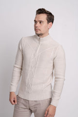 Fermuarlı Dik Yaka Kendinden Desenli Erkek Triko Kazak