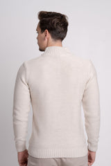 Fermuarlı Dik Yaka Kendinden Desenli Erkek Triko Kazak