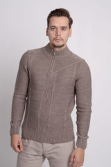 Fermuarlı Dik Yaka Kendinden Desenli Erkek Triko Kazak