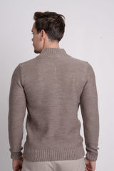 Fermuarlı Dik Yaka Kendinden Desenli Erkek Triko Kazak