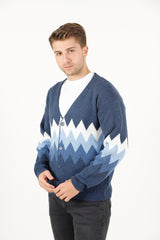 Zikzak Desenli Renk Bloklu Erkek Triko Hırka