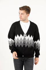 Zikzak Desenli Renk Bloklu Erkek Triko Hırka