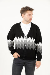 Zikzak Desenli Renk Bloklu Erkek Triko Hırka