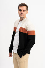 Renk Bloklu Fermuarlı Erkek Triko Hırka