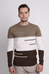 Bisiklet Yaka Üç Renkli Erkek Triko Kazak