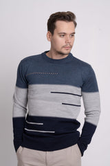 Bisiklet Yaka Üç Renkli Erkek Triko Kazak