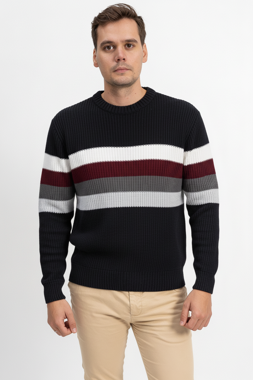 Bisiklet Yaka Çizgili Erkek Triko Kazak