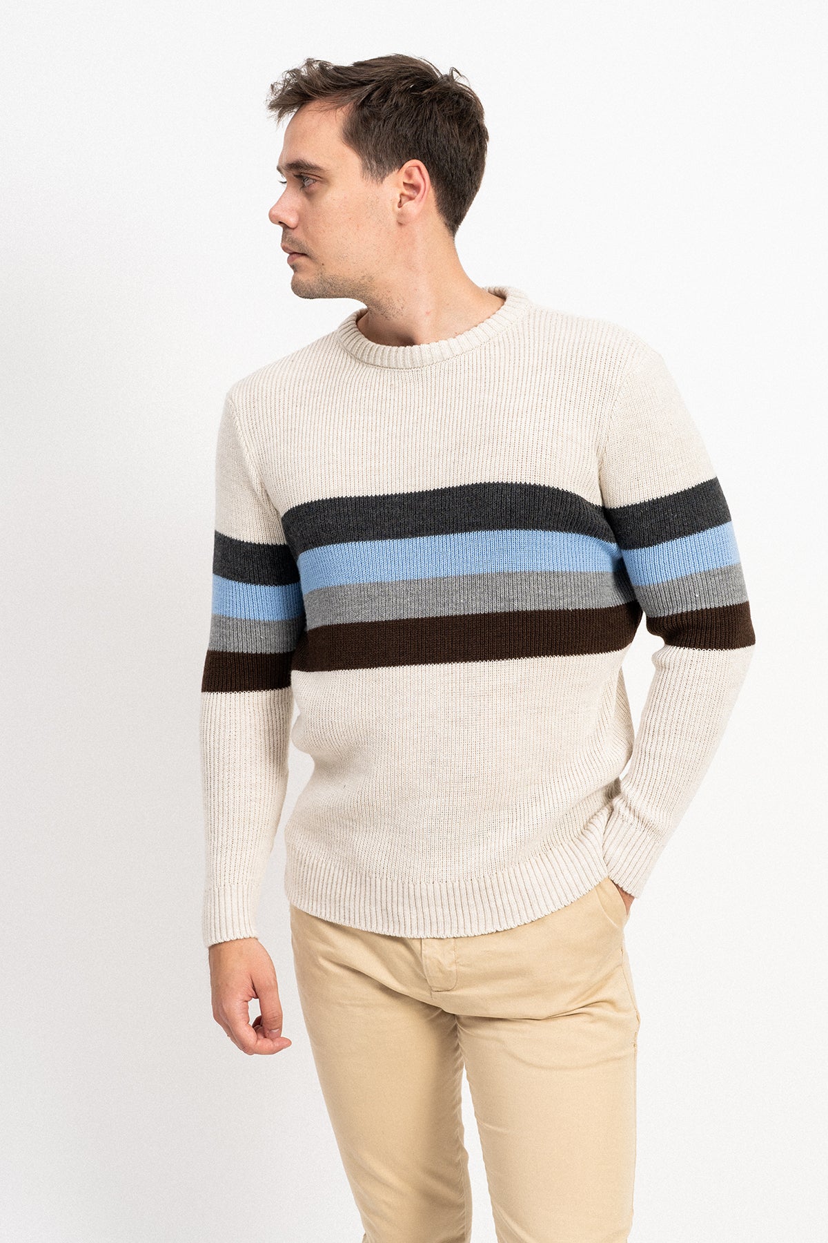 Bisiklet Yaka Çizgili Erkek Triko Kazak