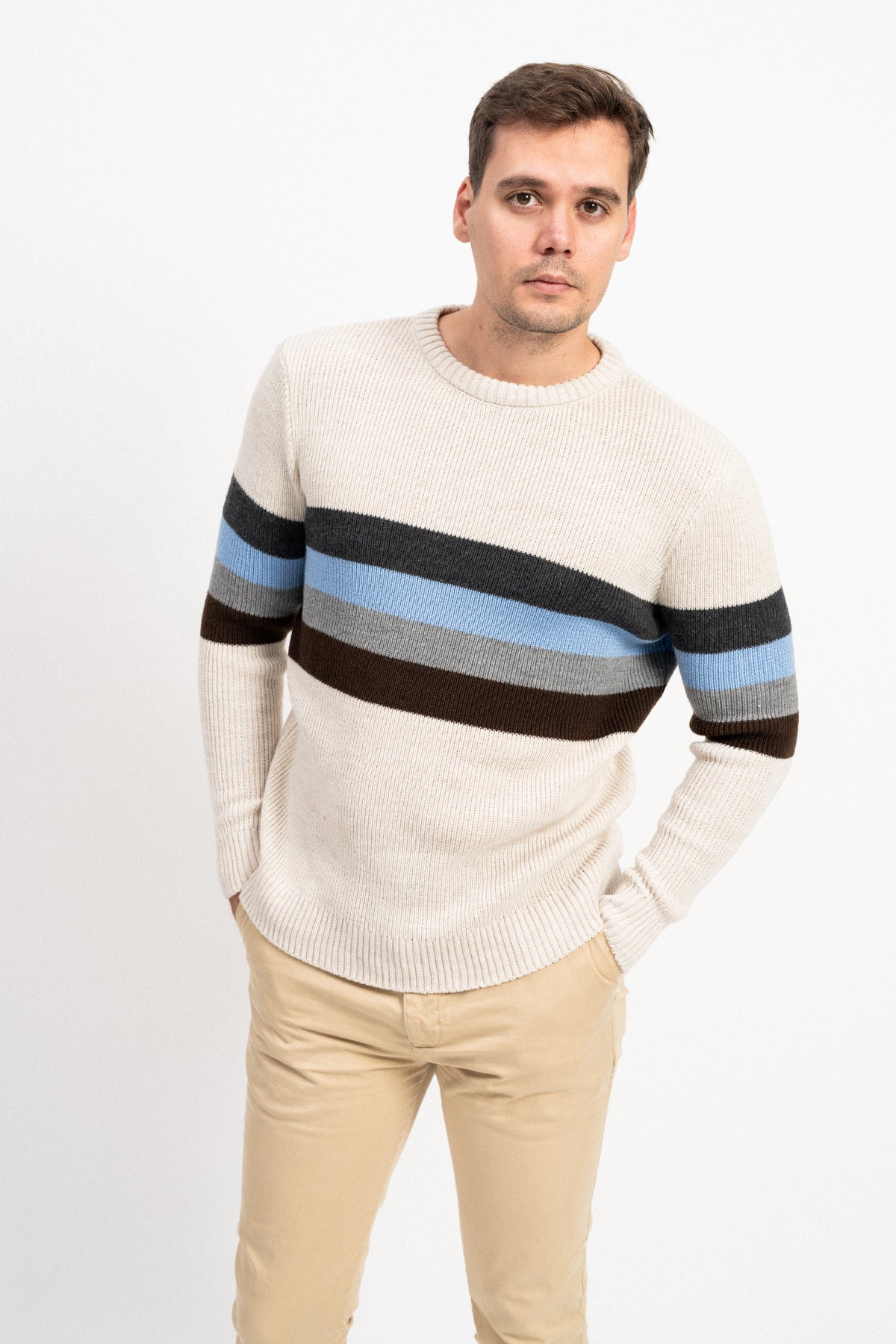 Bisiklet Yaka Çizgili Erkek Triko Kazak