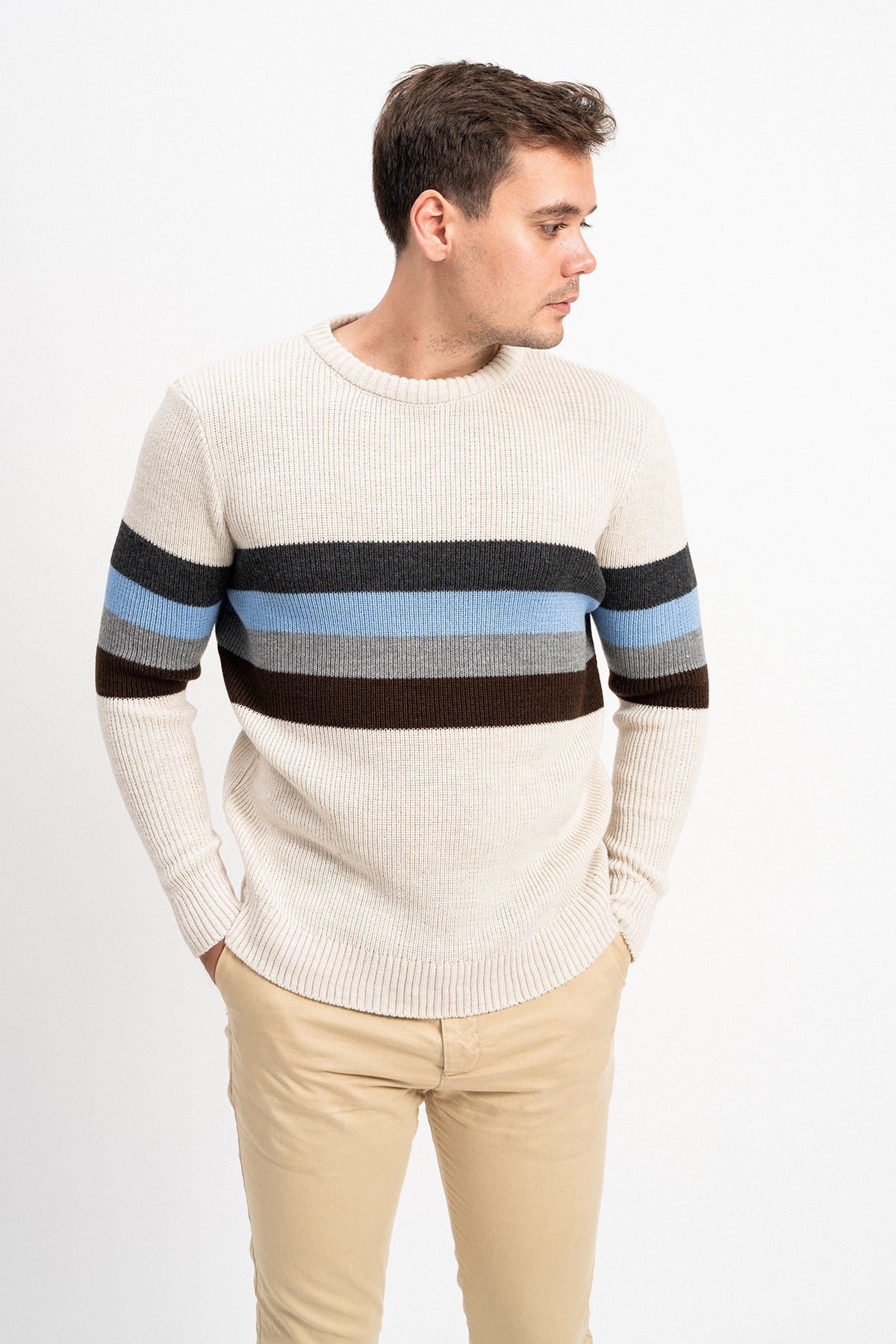 Bisiklet Yaka Çizgili Erkek Triko Kazak