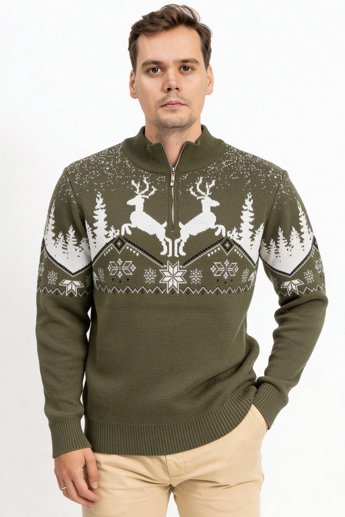 Fermuarlı Dik Yaka Kış Desenli Erkek Triko Kazak