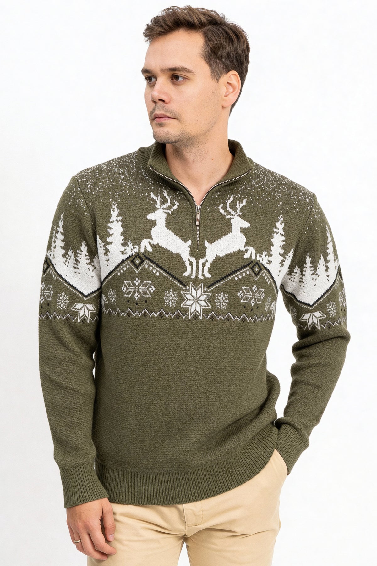 Fermuarlı Dik Yaka Kış Desenli Erkek Triko Kazak
