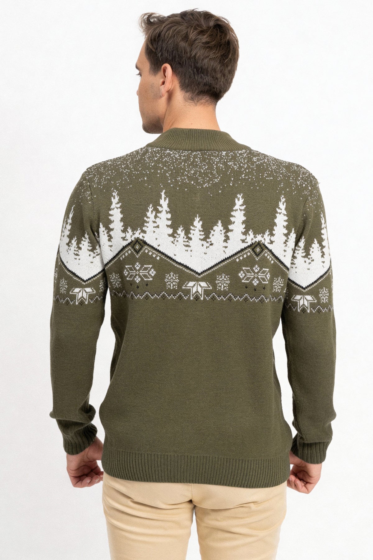 Fermuarlı Dik Yaka Kış Desenli Erkek Triko Kazak