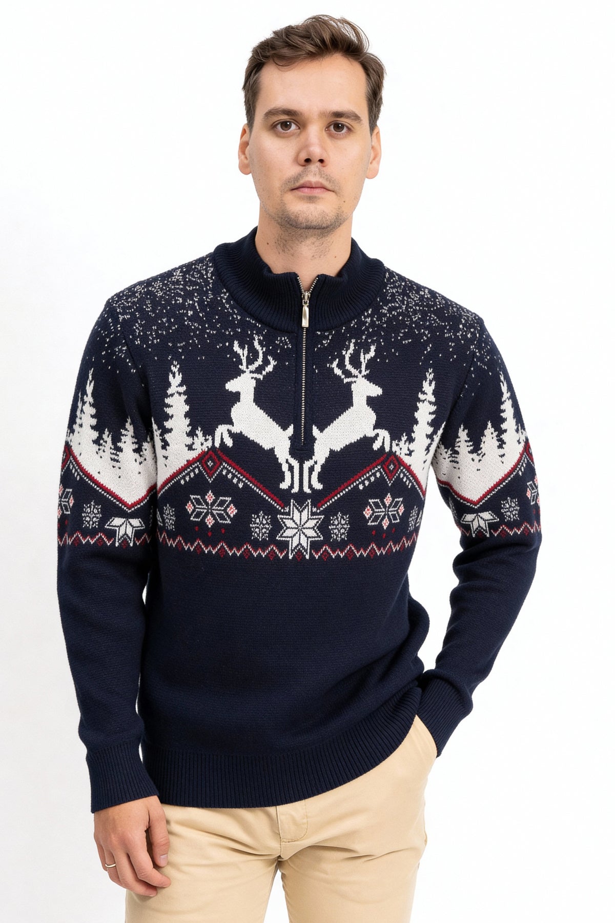 Fermuarlı Dik Yaka Kış Desenli Erkek Triko Kazak