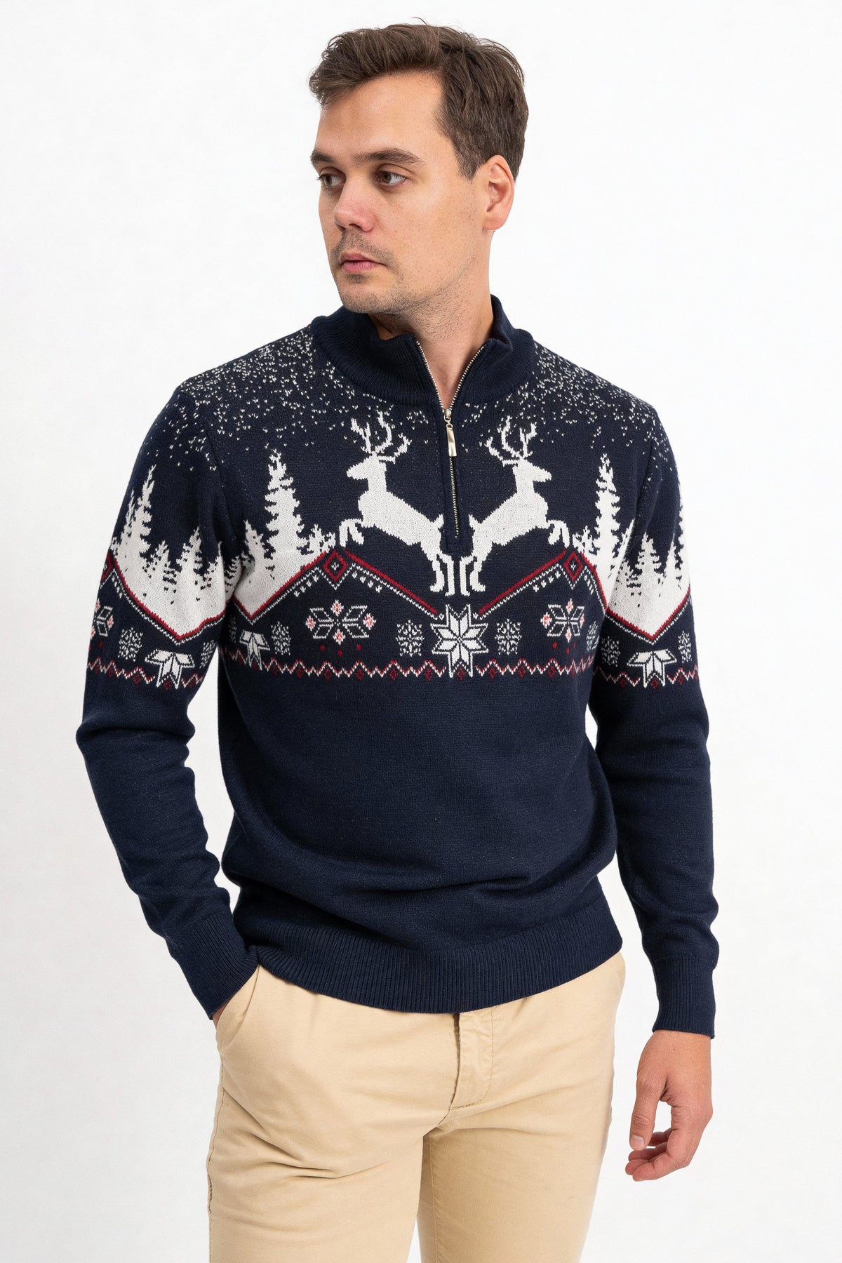 Fermuarlı Dik Yaka Kış Desenli Erkek Triko Kazak