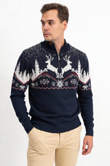 Fermuarlı Dik Yaka Kış Desenli Erkek Triko Kazak