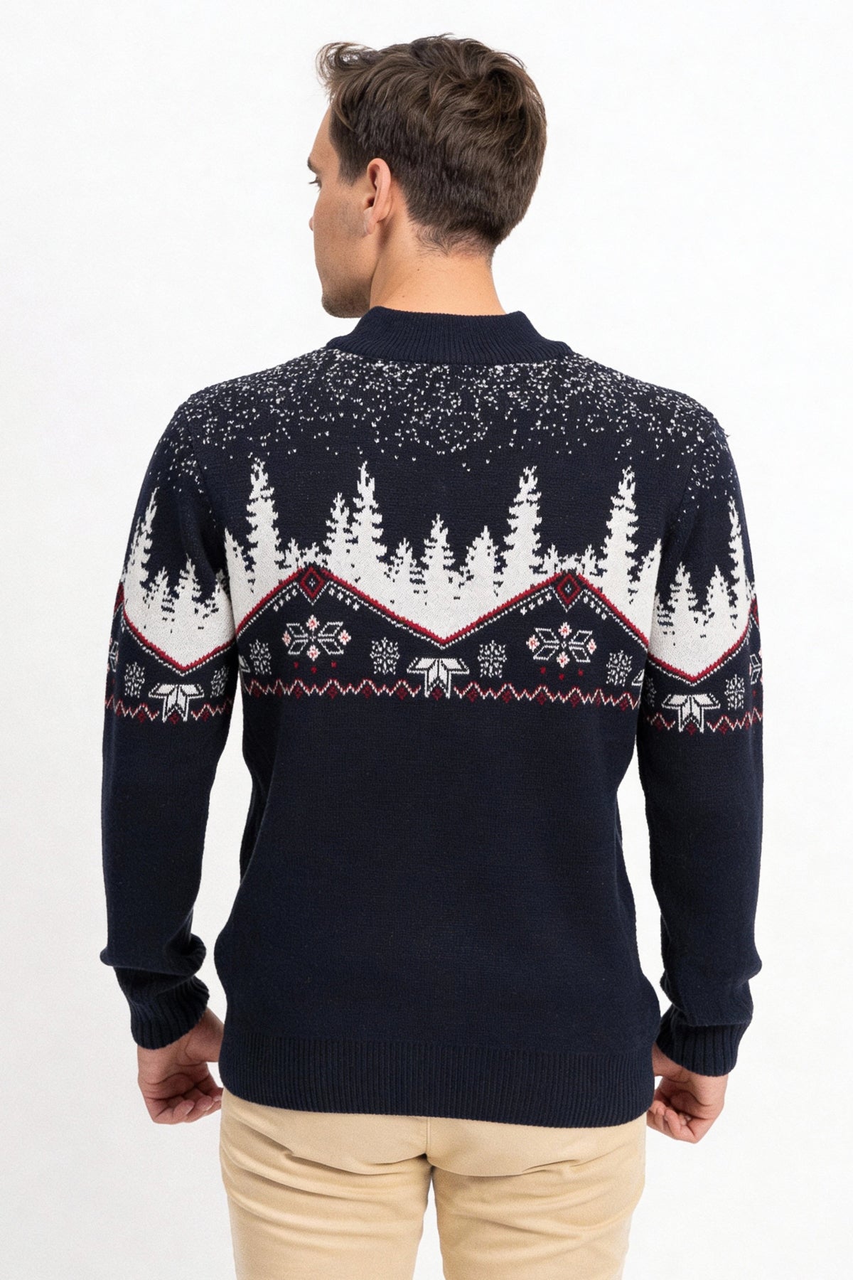 Fermuarlı Dik Yaka Kış Desenli Erkek Triko Kazak