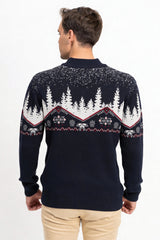 Fermuarlı Dik Yaka Kış Desenli Erkek Triko Kazak