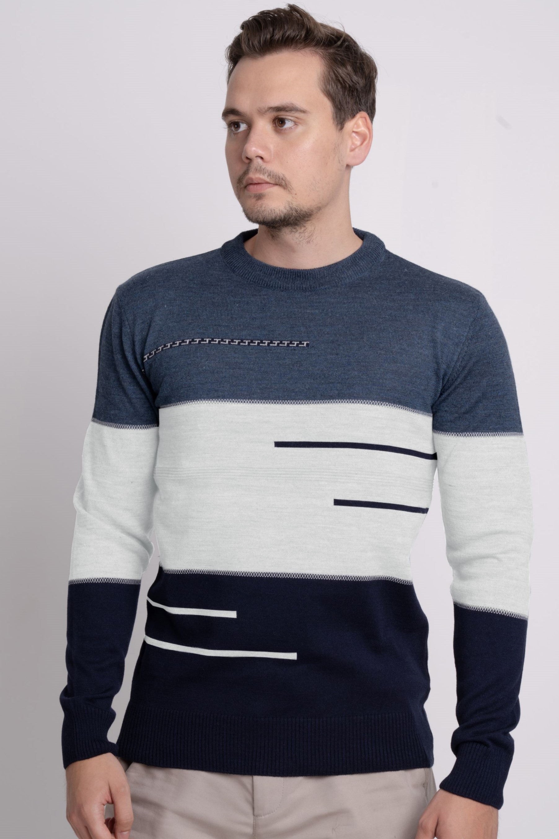 Bisiklet Yaka Üç Renkli Erkek Triko Kazak