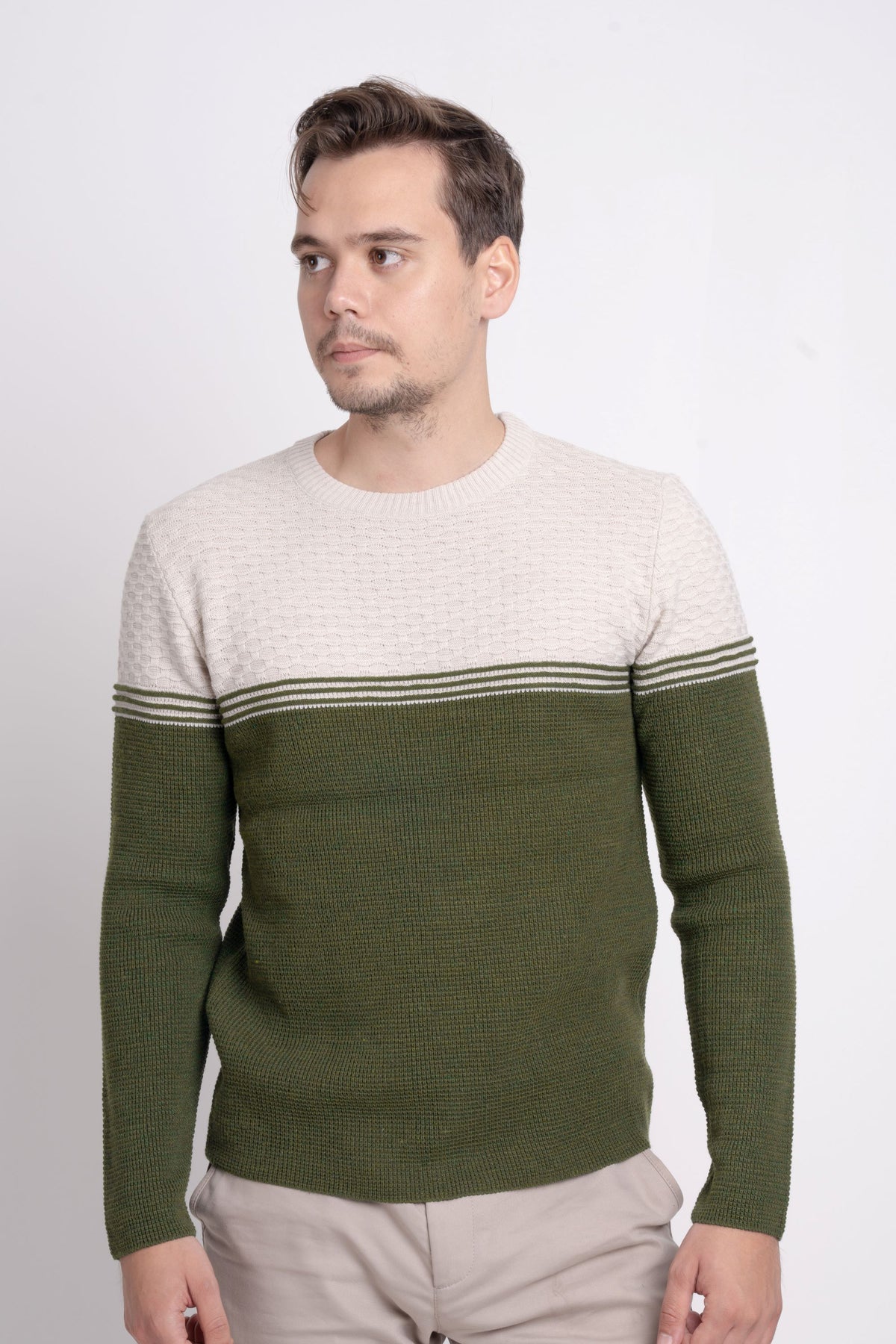 Bisiklet Yaka İki Renkli Erkek Triko Kazak