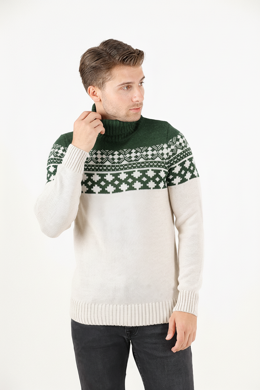 Balıkçı Yaka Jakar Desenli Erkek Triko Kazak