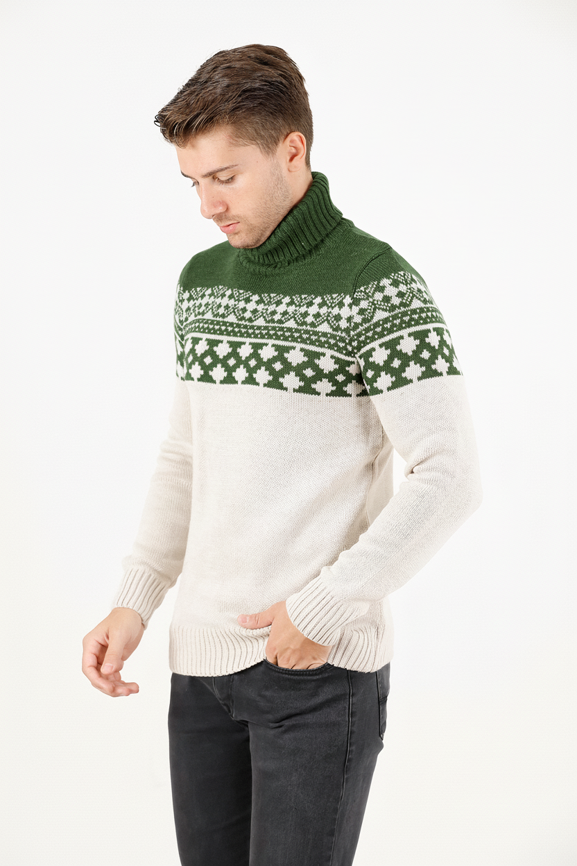 Balıkçı Yaka Jakar Desenli Erkek Triko Kazak