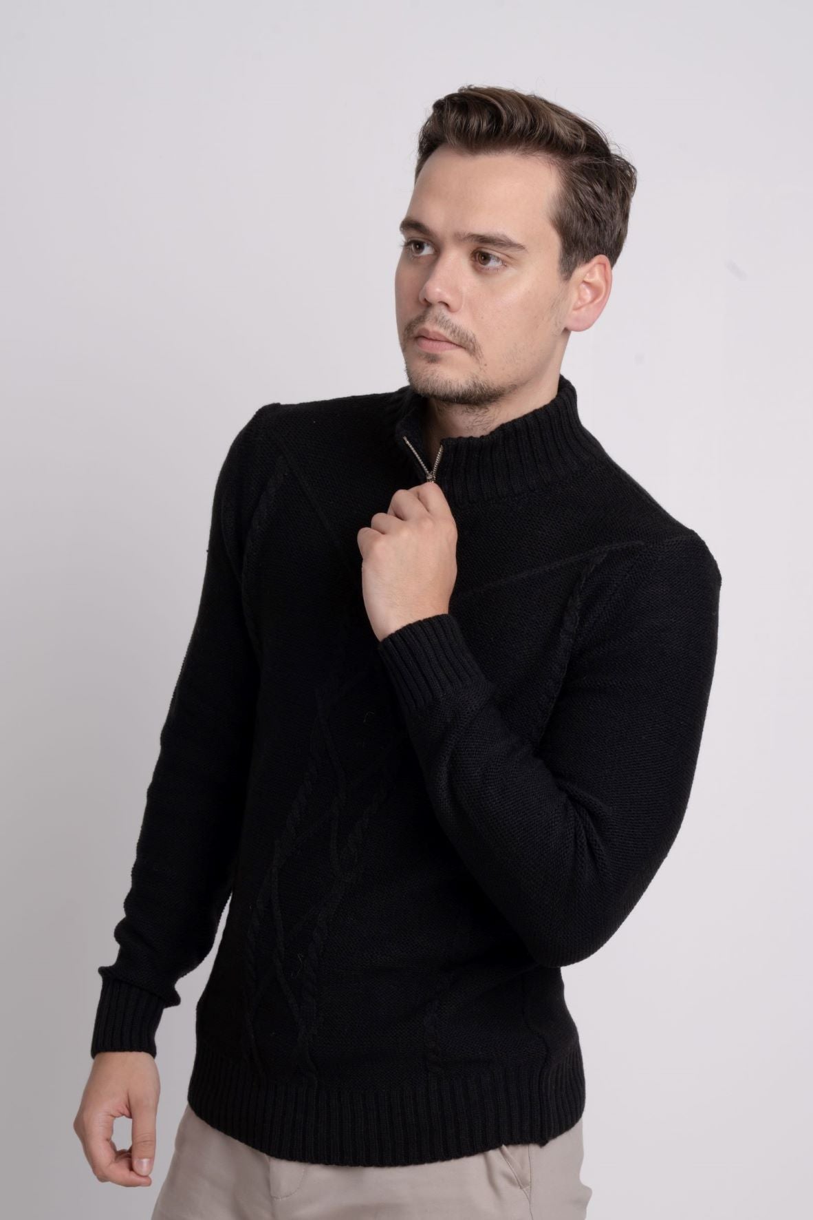 Fermuarlı Dik Yaka Kendinden Desenli Erkek Triko Kazak