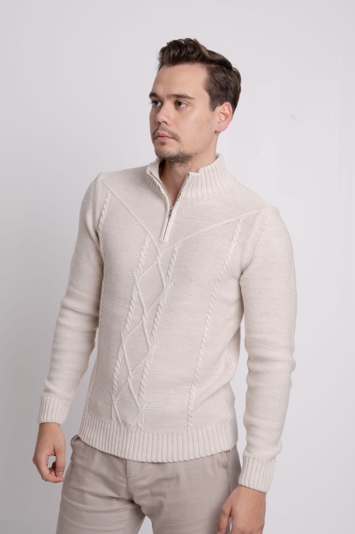 Fermuarlı Dik Yaka Kendinden Desenli Erkek Triko Kazak