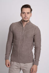 Fermuarlı Dik Yaka Kendinden Desenli Erkek Triko Kazak