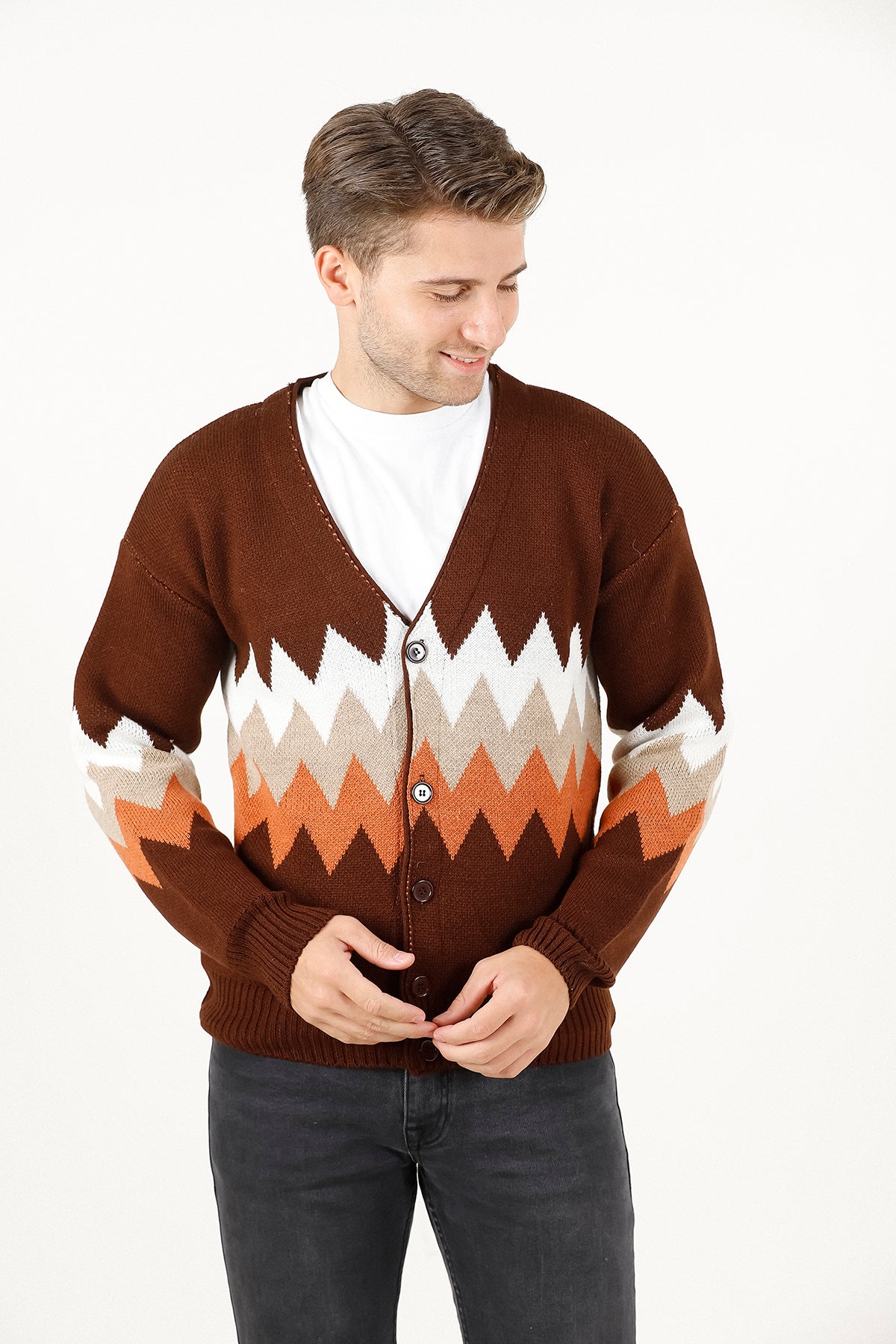 Zikzak Desenli Renk Bloklu Erkek Triko Hırka