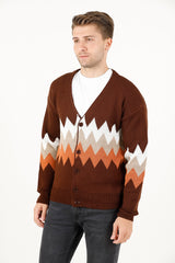 Zikzak Desenli Renk Bloklu Erkek Triko Hırka