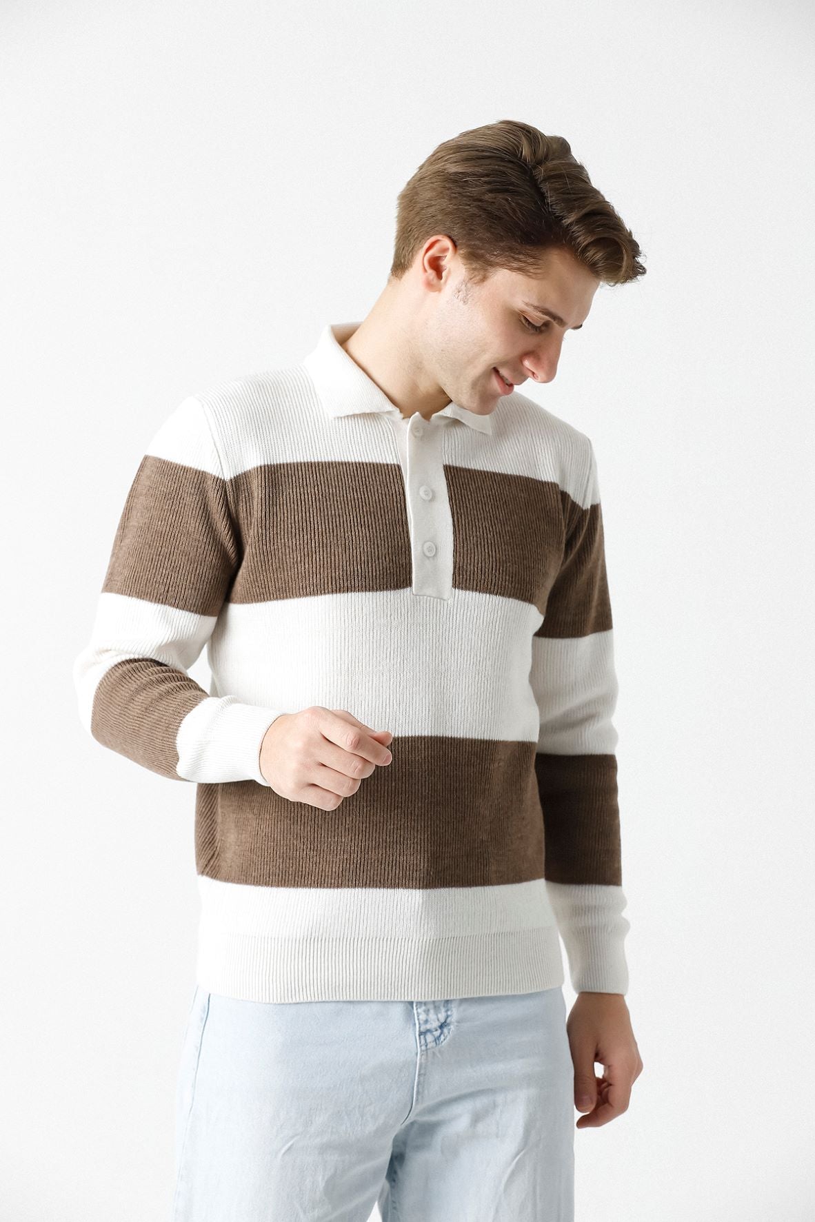 Polo Yaka Çizgili Erkek Triko Kazak