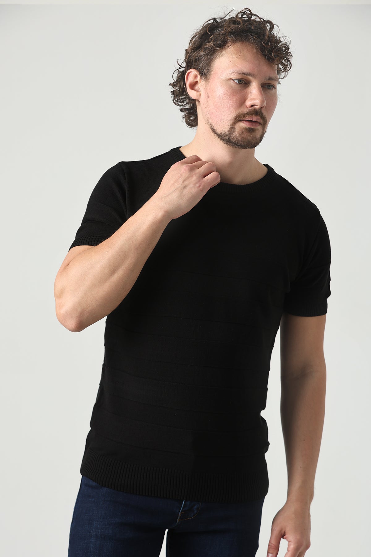 Çizgili Tek Renk Triko Tişört