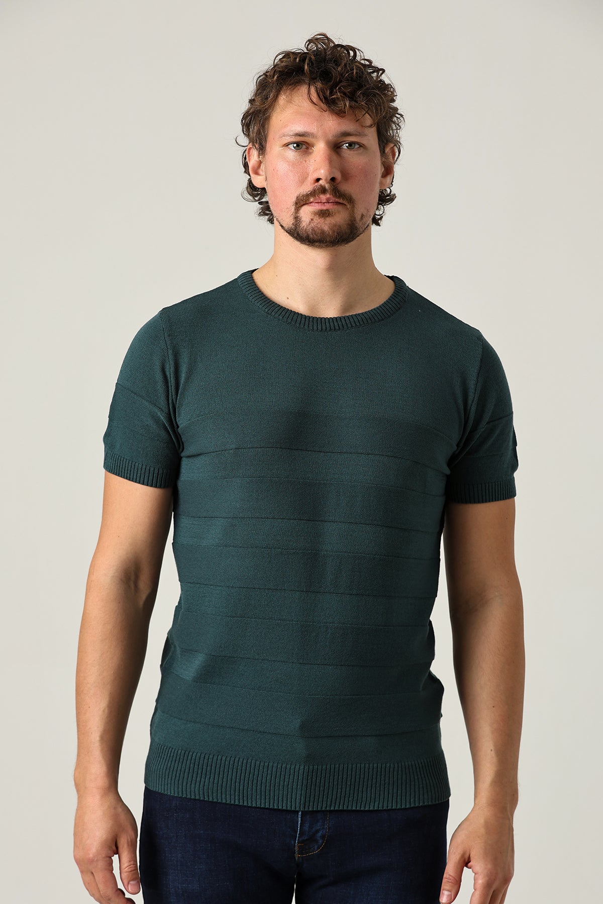 Çizgili Tek Renk Triko Tişört