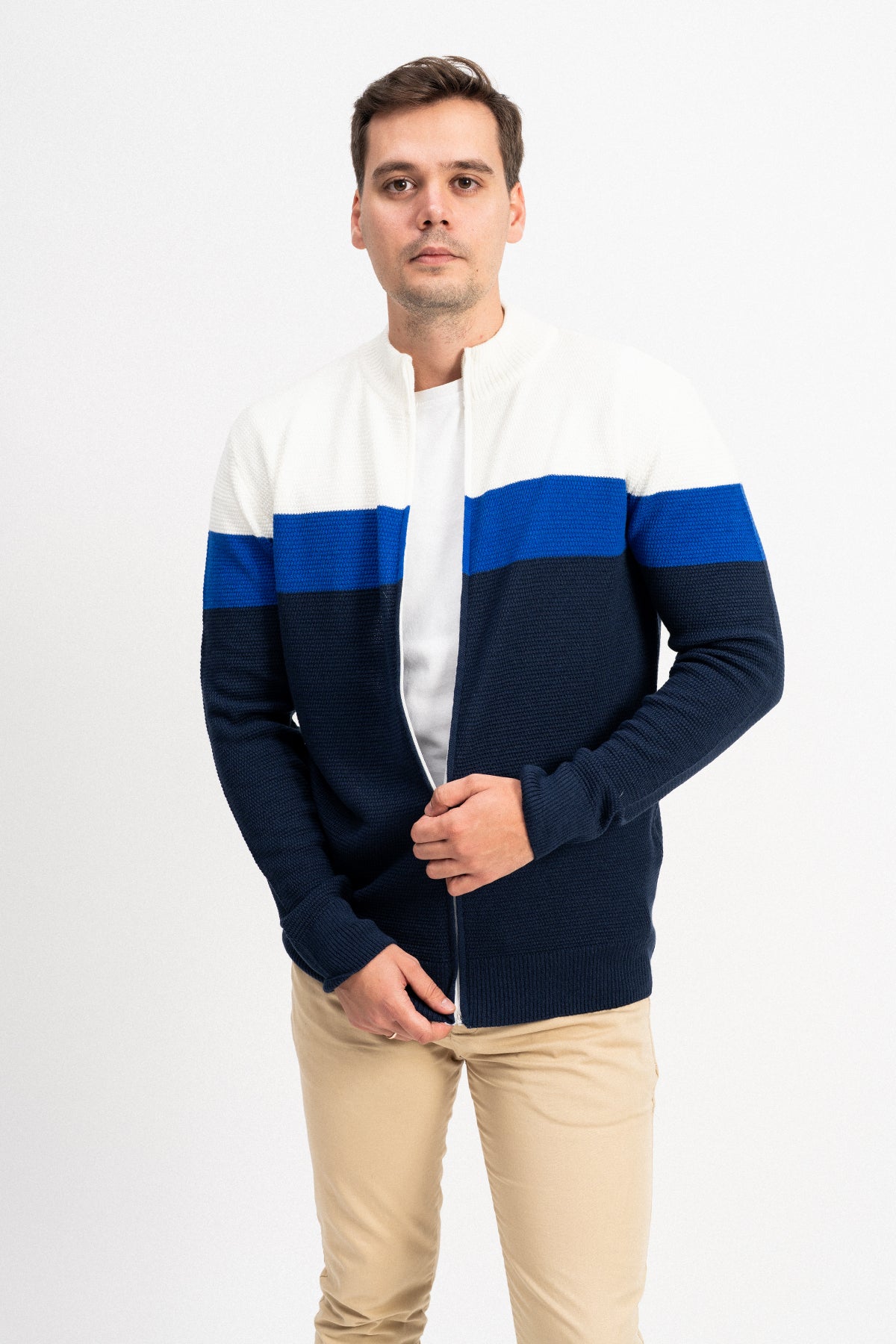 Renk Bloklu Fermuarlı Erkek Triko Hırka