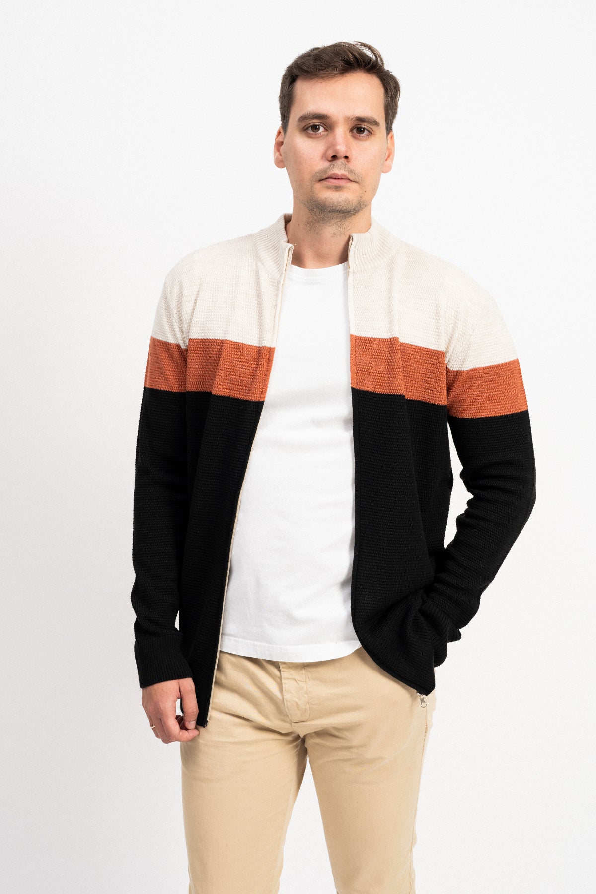 Renk Bloklu Fermuarlı Erkek Triko Hırka