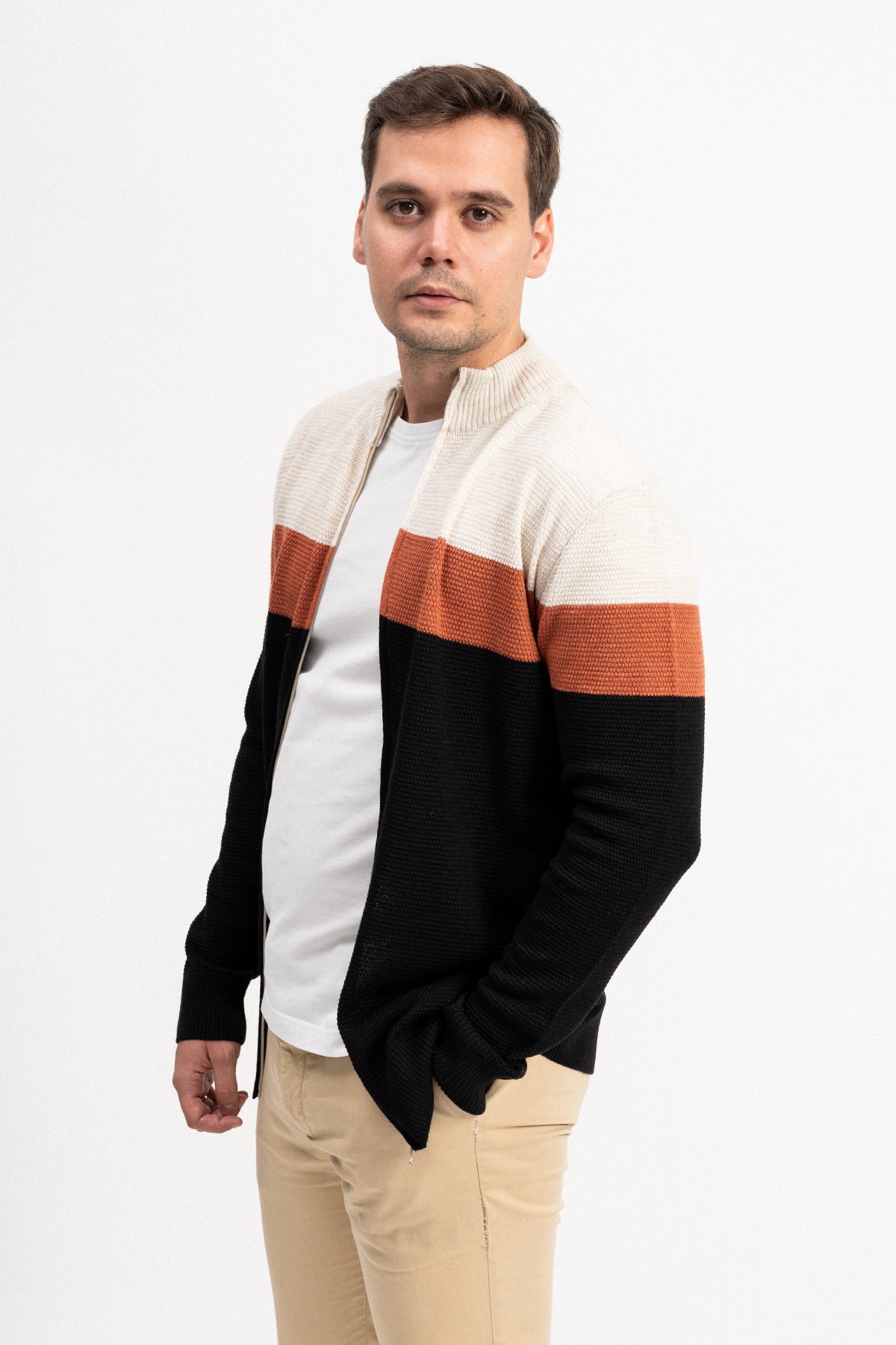 Renk Bloklu Fermuarlı Erkek Triko Hırka