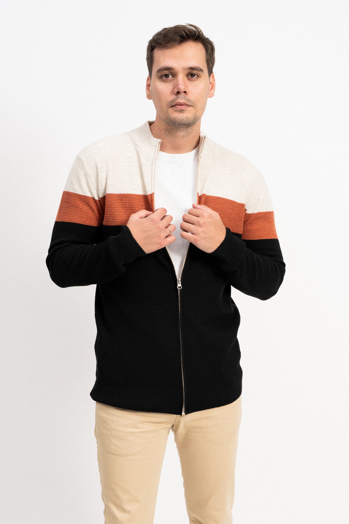 Renk Bloklu Fermuarlı Erkek Triko Hırka