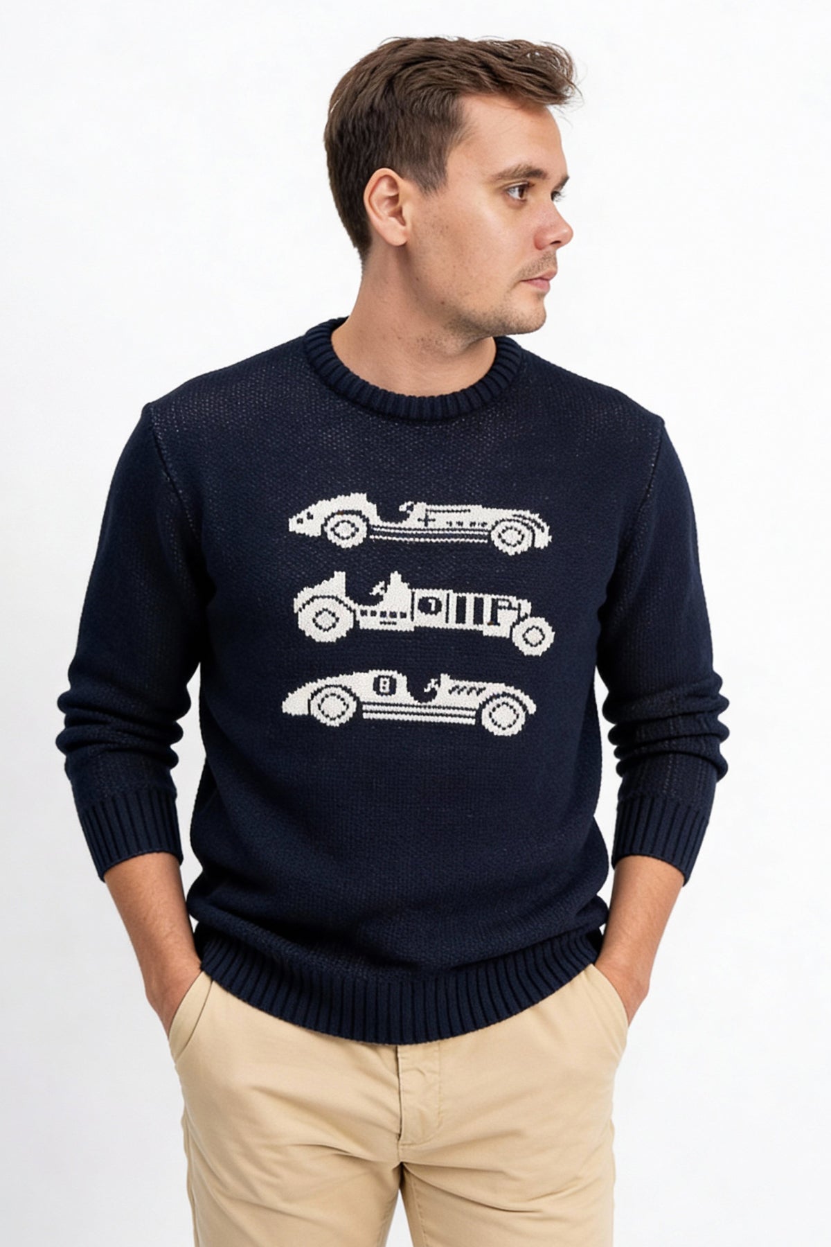 Bisiklet Yaka Araba Desenli Erkek Triko Kazak