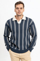 Polo Yaka Çizgili Erkek Triko Kazak