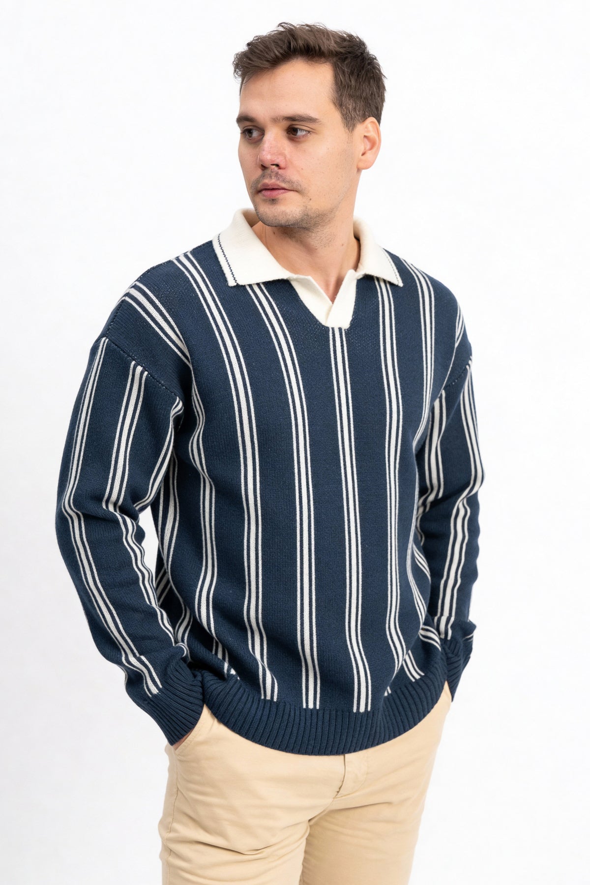 Polo Yaka Çizgili Erkek Triko Kazak