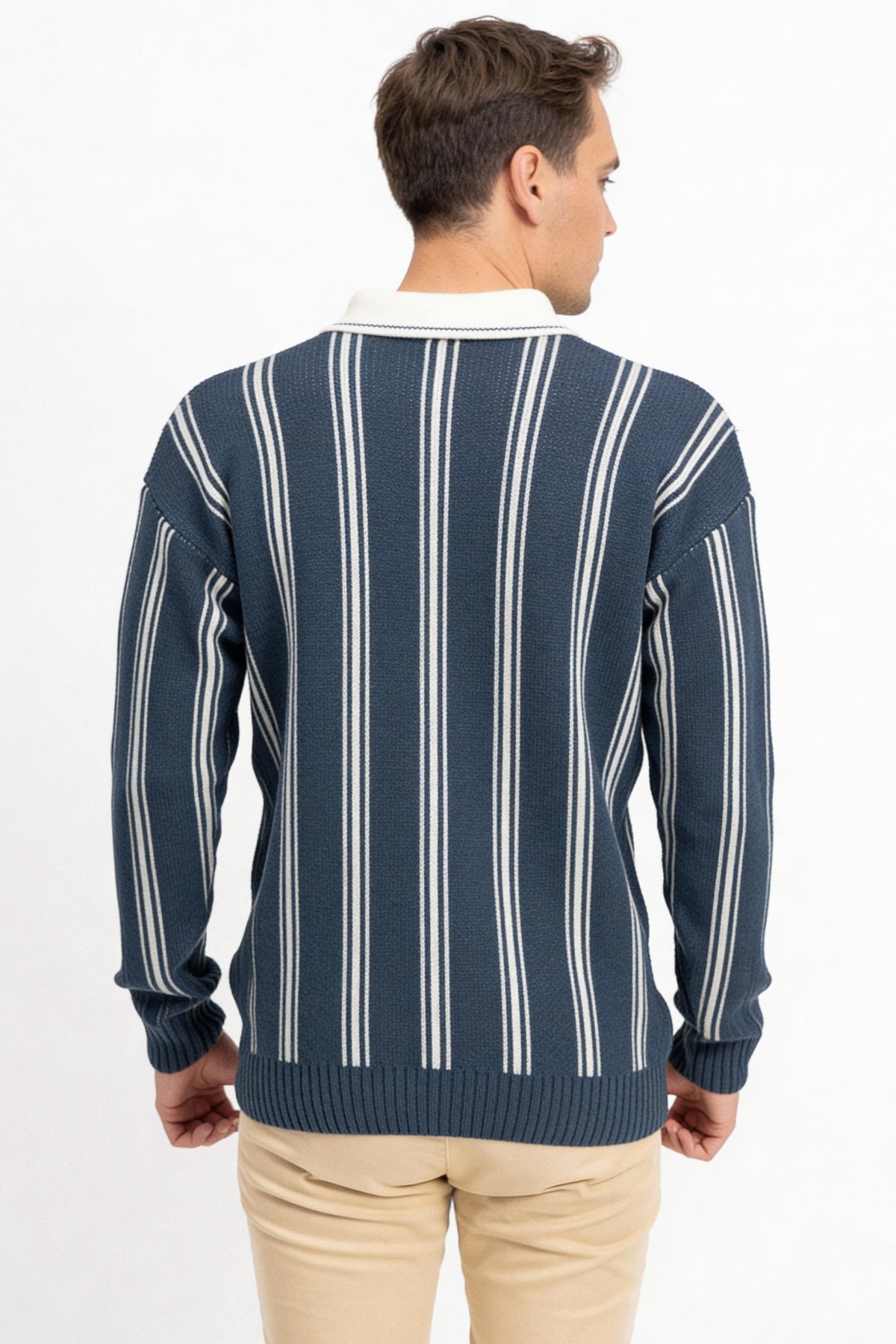 Polo Yaka Çizgili Erkek Triko Kazak