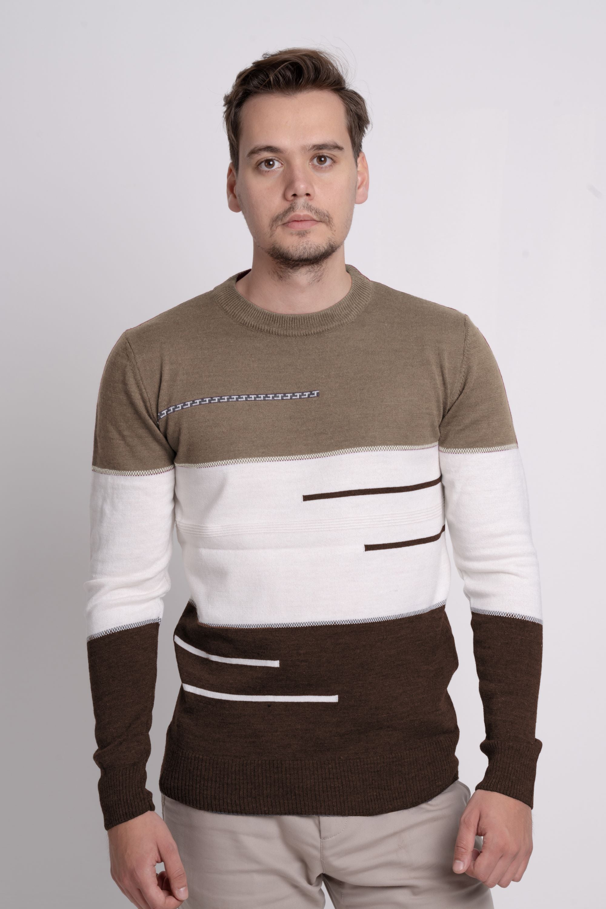 Bisiklet Yaka Üç Renkli Erkek Triko Kazak