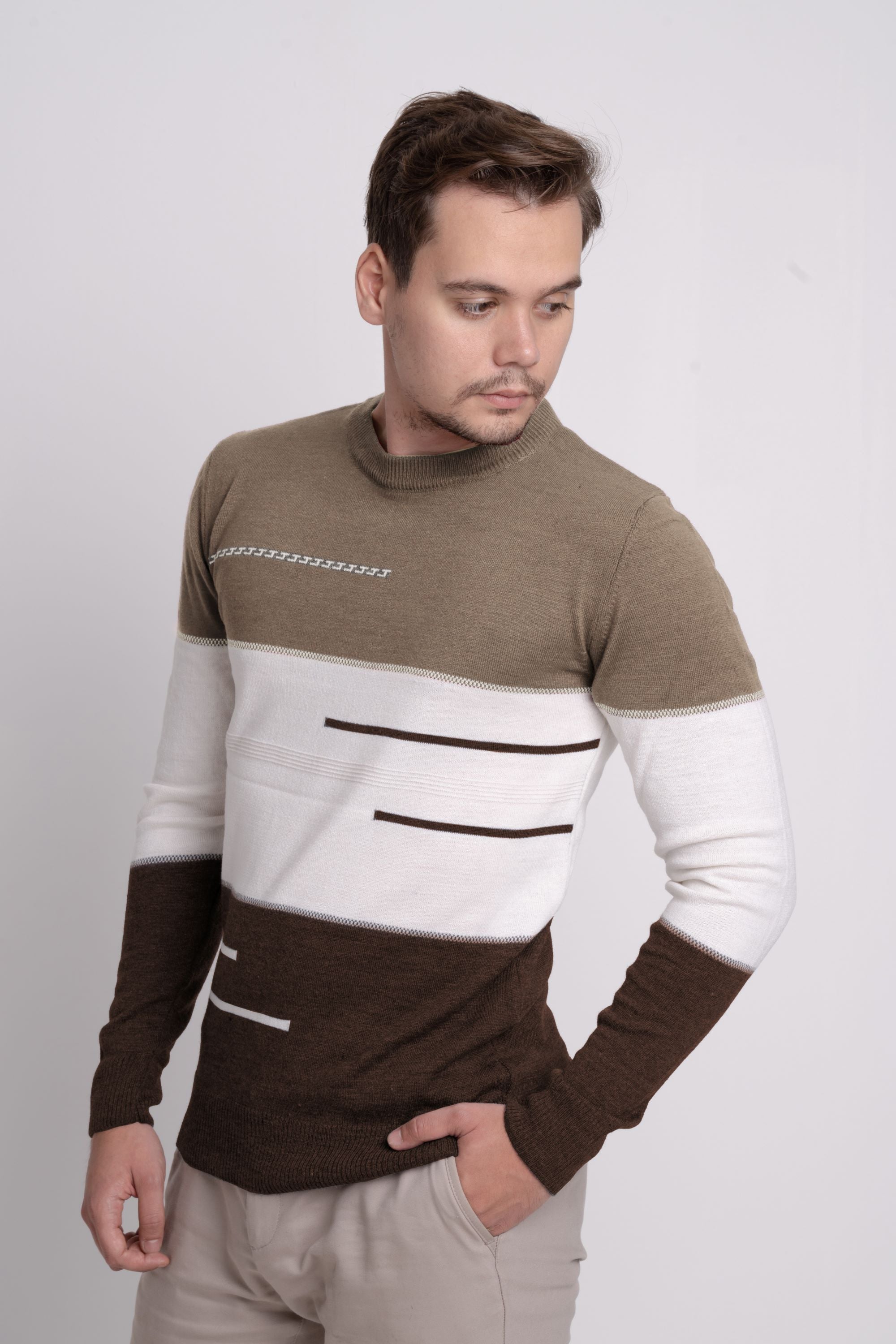 Bisiklet Yaka Üç Renkli Erkek Triko Kazak