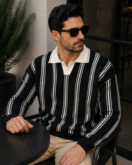 Polo Yaka Oversize Siyah Erkek Triko Kazak