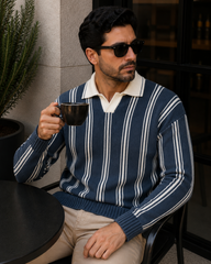 Polo Yaka Oversize İndigo Erkek Triko Kazak