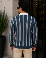 Polo Yaka Oversize İndigo Erkek Triko Kazak